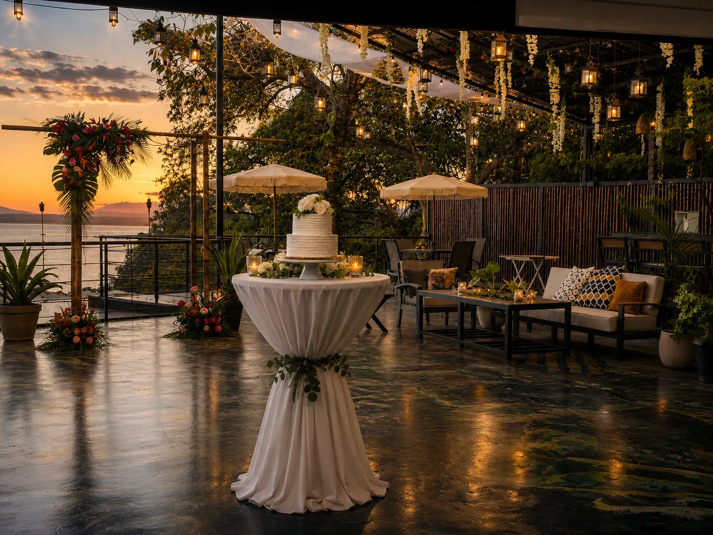 A couple dancing on a terrace with string lights and the night ocean behind them.