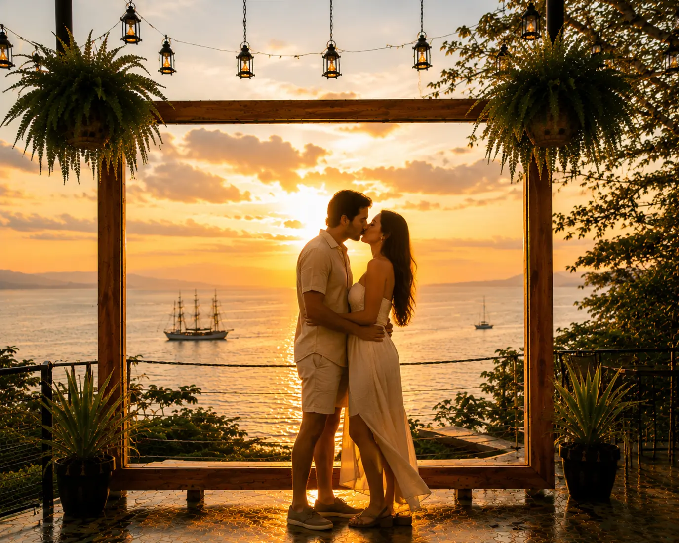 A couple standing together on a terrace with open ocean behind them.