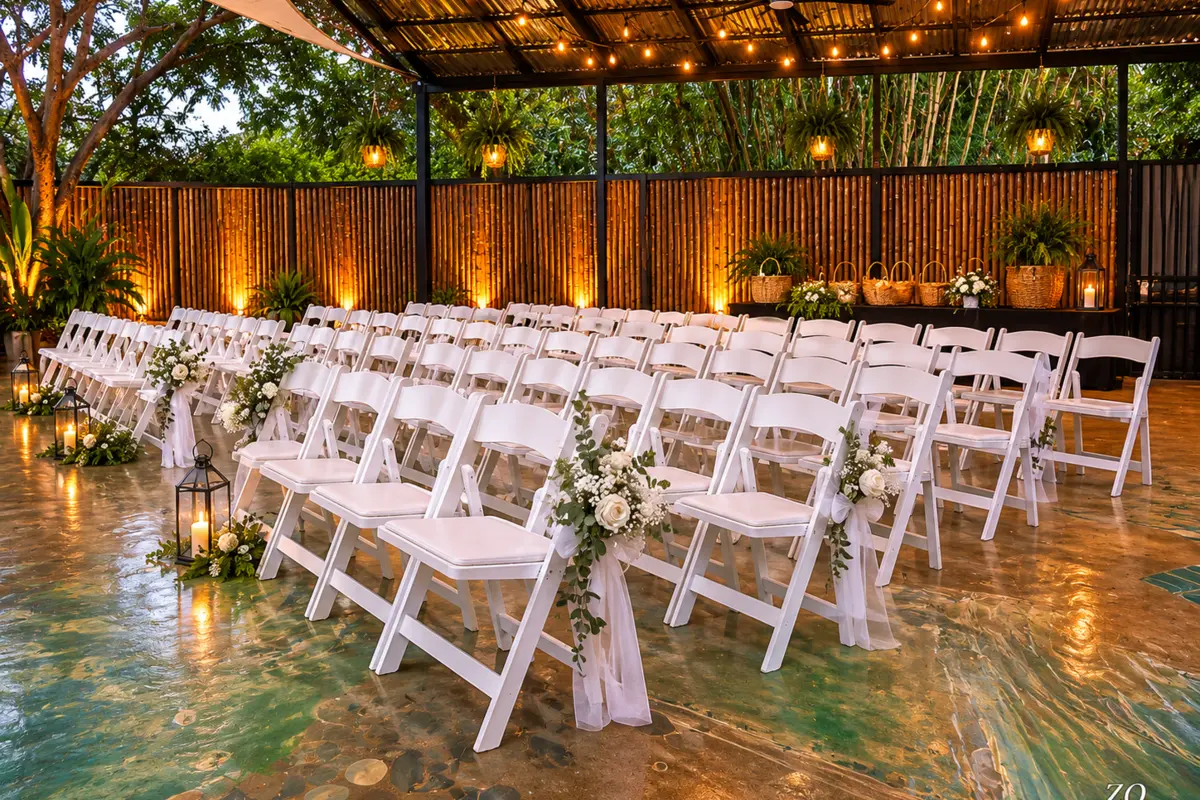 Gold ceremony chairs and a long reception table dressed in white on a terrace overlooking the ocean.