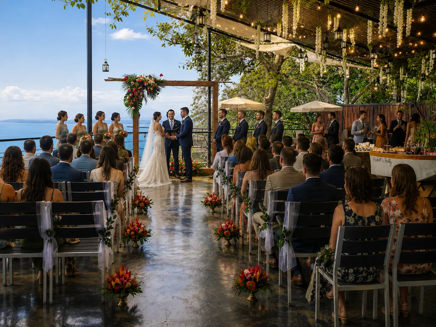 A couple at a sweetheart table with candles and the ocean behind them.